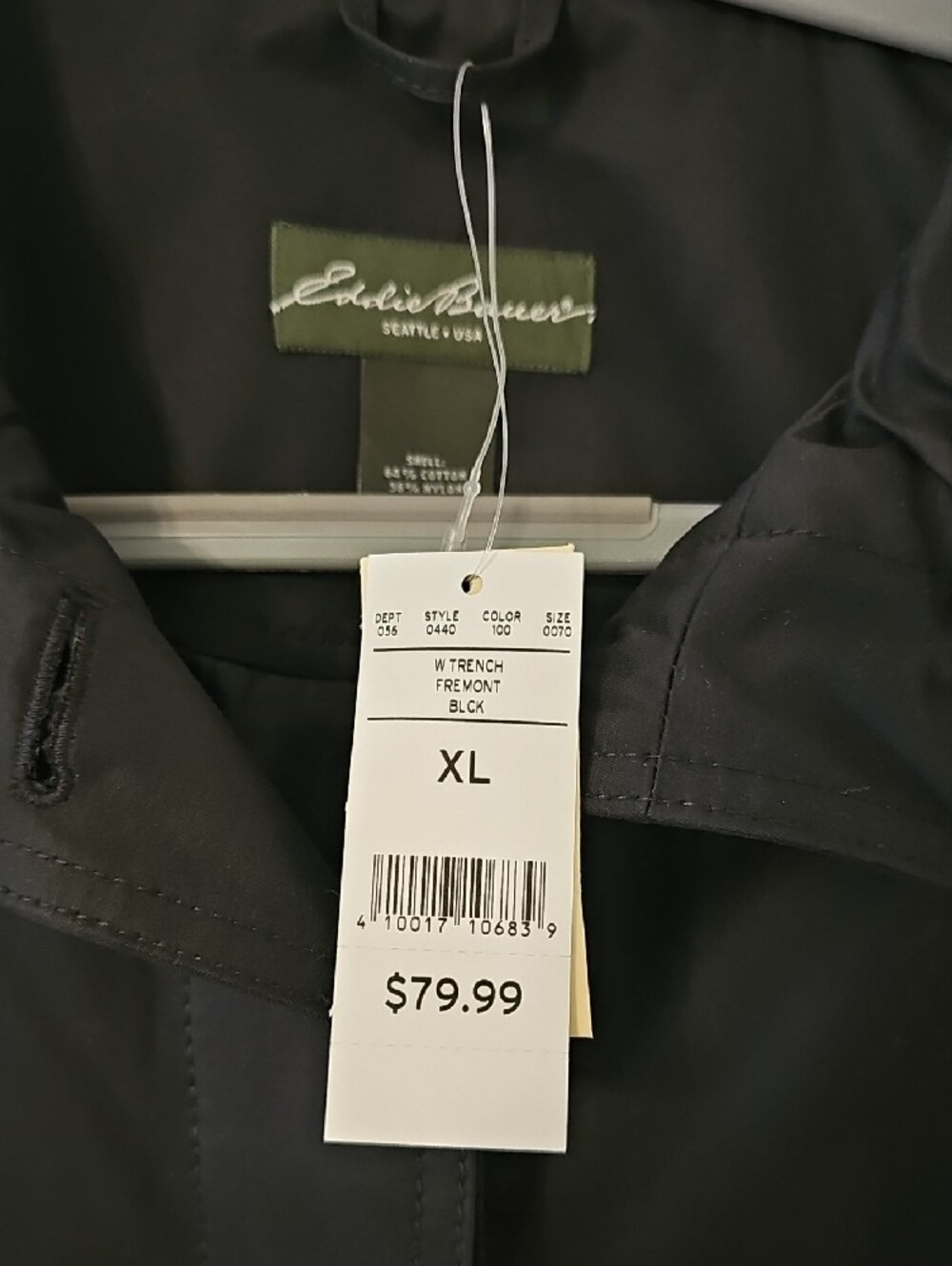 Eddie Bauer Black Trench Coat - Single-Breasted Rain Jacket - Picture 2 of 3
